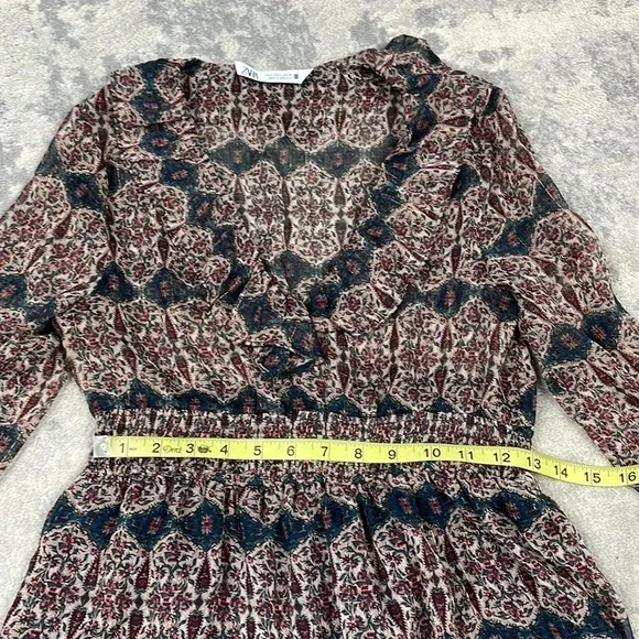 Zara V Neck Ruffle Trim Mini Dress Rust Geo Paisley Boho Cottagecore Sz S - Picture 10 of 14